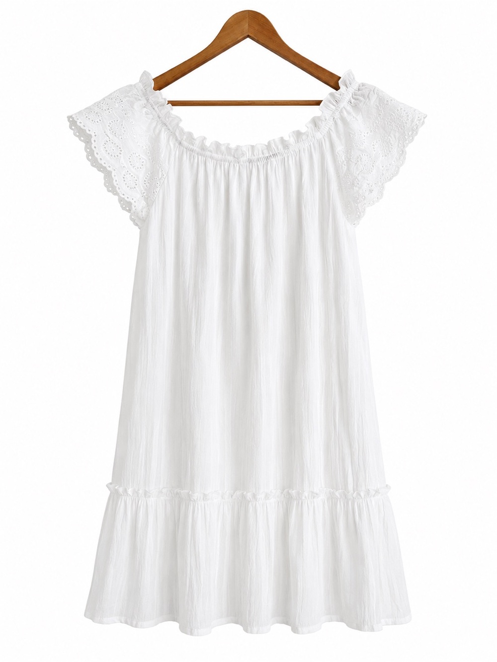 Off-Shoulder White Mini Dress with Eyelet Trim - Picture 3 of 9